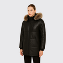 Leather parka with fur trim