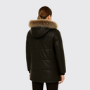 Leather parka with fur trim