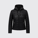 Women’s quilted black leather jacket with hoodie